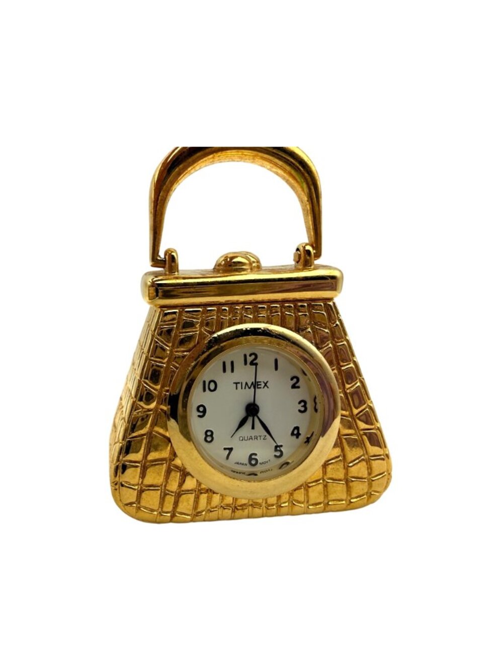 Timex Miniature Desk Clock Handbag Gold-Tone Alligator Pattern Quartz 2" WORKS - Picture 2 of 9